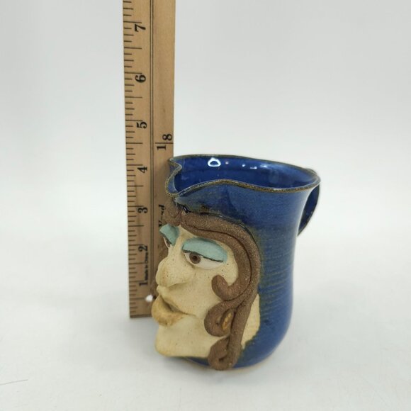 Funny Face Pitcher David Renfroe Pottery Vintage 1981 Blue Signed Ugly Face Mug - Picture 8 of 12
